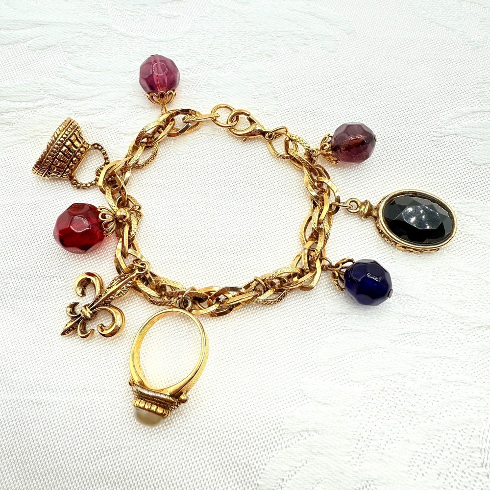 Vintage Gold Tone Charm Bracelet w/ Fleur de Lis, Ring, and Faceted Glass Beads